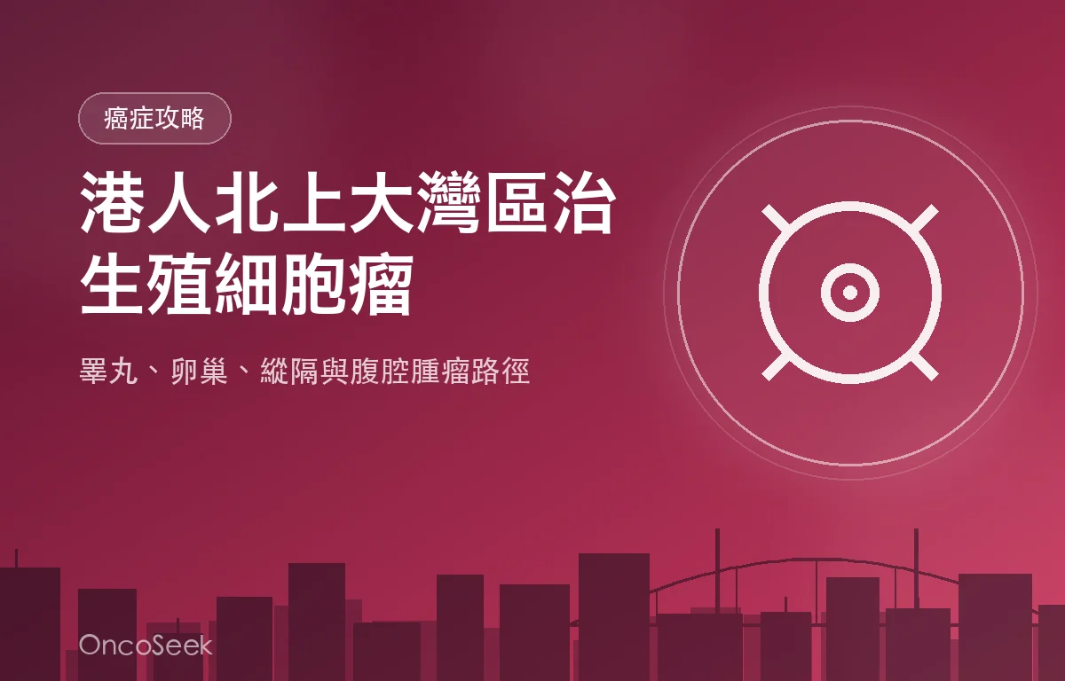 港人北上大灣區治療生殖細胞瘤的資訊圖，包含城市剪影與醫療十字元素