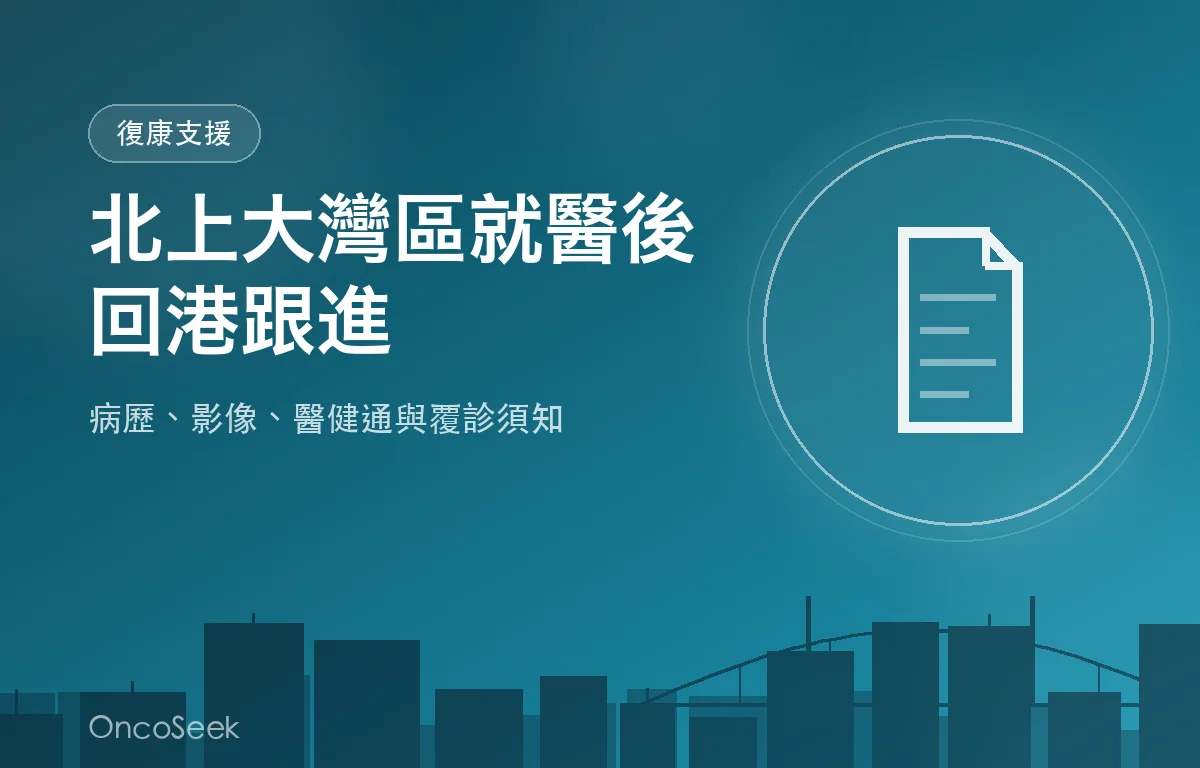 港人北上大灣區就醫後回港跟進病歷與影像的示意圖，包含醫健通、DICOM光碟及城市剪影元素
