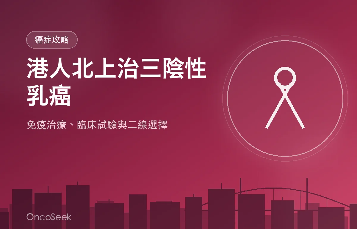 港人北上治療三陰性乳癌的資訊圖，包含粉紅絲帶、醫療十字與漸層背景