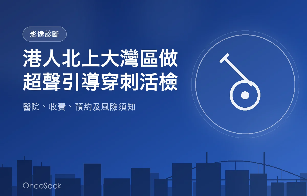 港人北上大灣區接受超聲引導穿刺活檢的資訊示意圖，包含城市剪影、超聲波與醫療元素