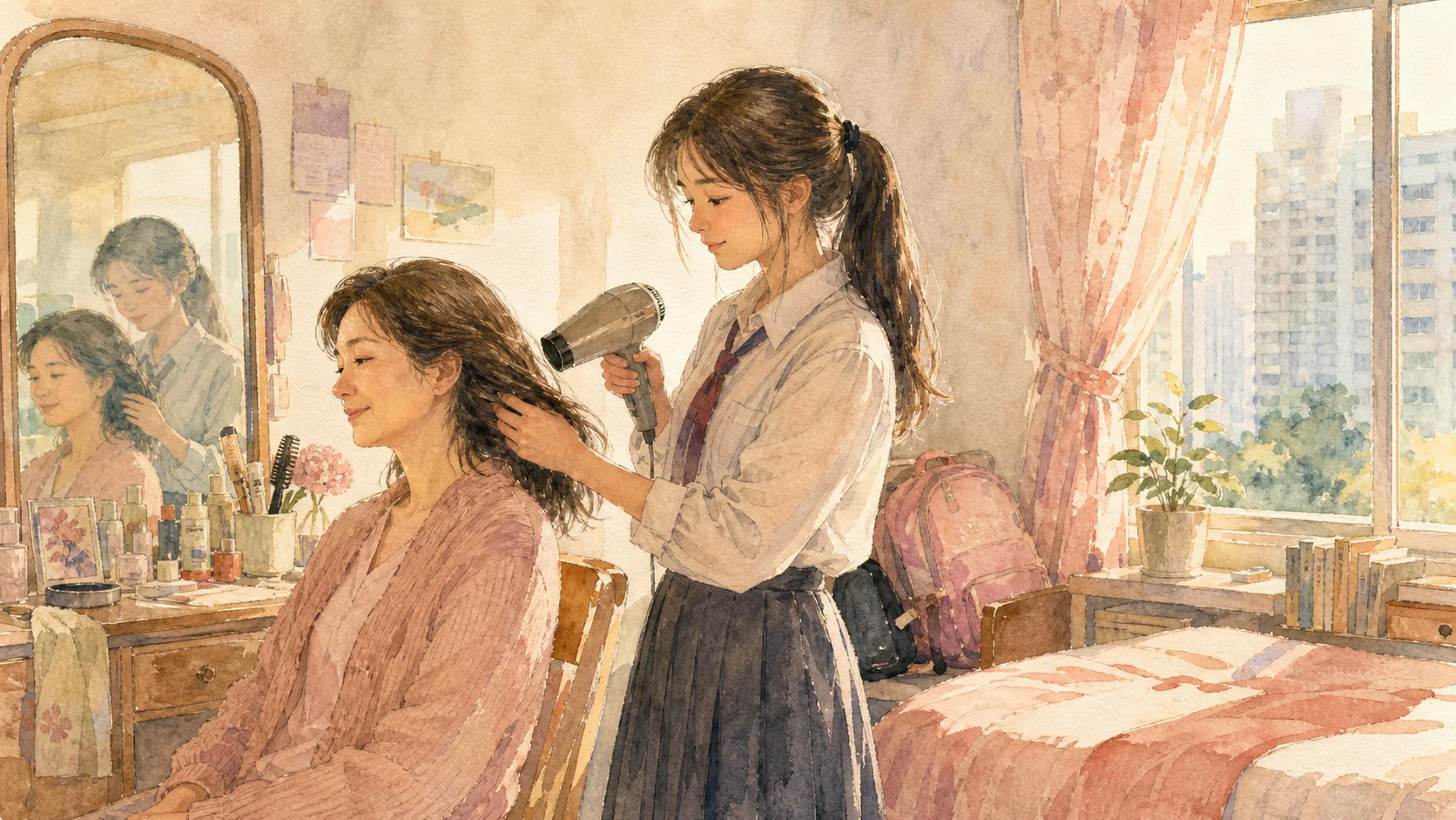 女兒幫母親吹頭髮