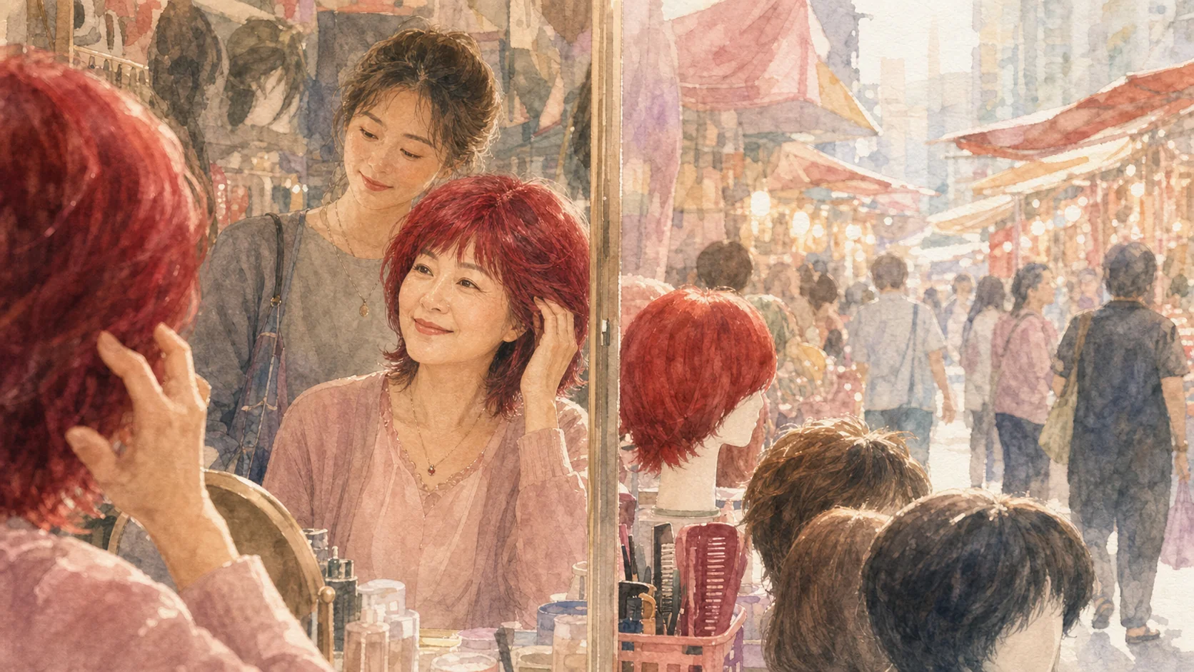 鏡子裡戴紅色假髮的女人
