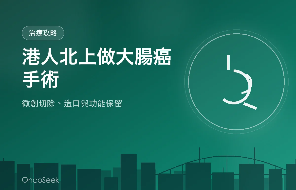 港人北上接受大腸癌微創手術的示意圖，包含結腸、腹腔鏡器械與醫療十字元素